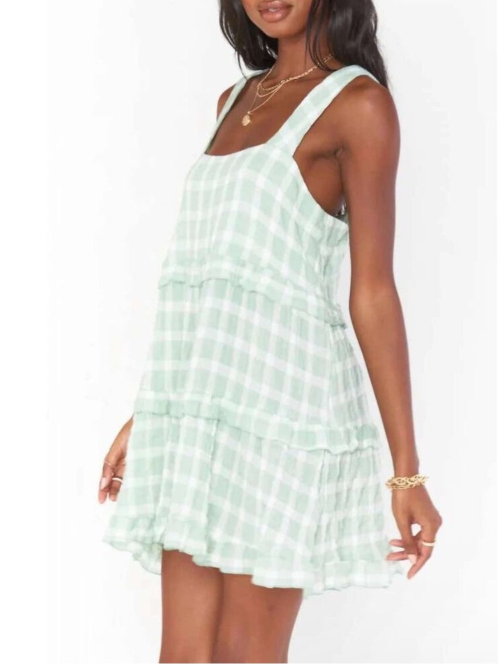 NWT Small Show Me Your MuMu Mint Green Gingham Tiered Napa Mini Dress!
